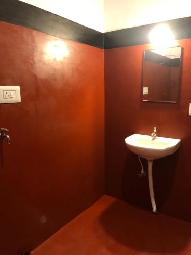a bathroom with a sink and a mirror at Kamoga Homestay in Virajpet