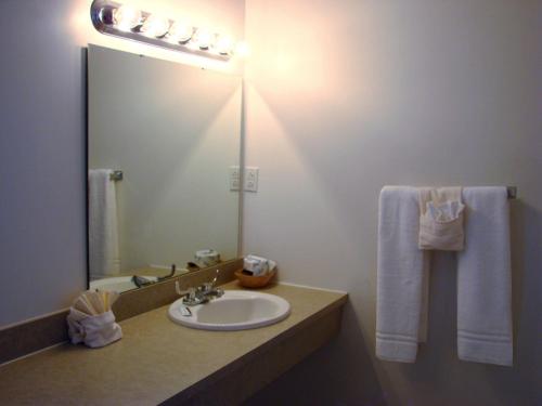 a bathroom with a sink and a mirror and towels at Centennial Motel in Buckhannon