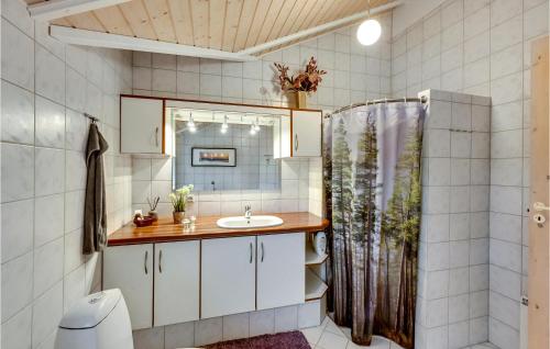 uma casa de banho com um lavatório e um chuveiro em Stunning Home In Hurup Thy With Kitchen em Sindrup