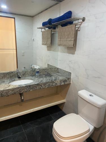 a bathroom with a white toilet and a sink at Hotel Taguatinga Flat - conforto e requinte - Apto 416 in Brasilia