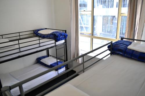 two bunk beds in a room with a window at Maze Backpackers - Sydney in Sydney