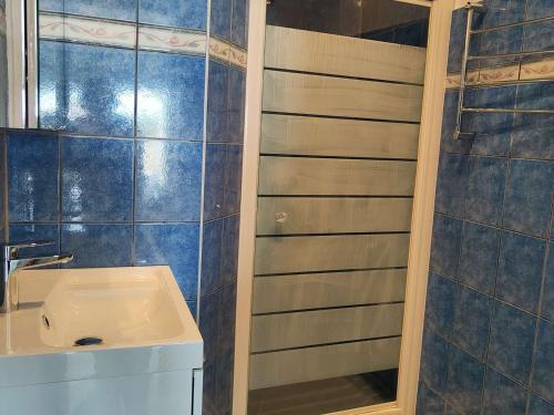 uma casa de banho com um lavatório e um chuveiro em Appartement Le Barcarès, 2 pièces, 4 personnes - FR-1-195-99 em Le Barcarès