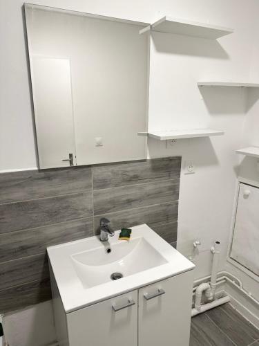 une salle de bain avec un lavabo blanc et un miroir dans l'établissement Studio cosy, à Le Mée-sur-Seine