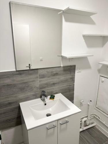 uma casa de banho com um lavatório branco e um espelho. em Studio cosy em Le Mée-sur-Seine