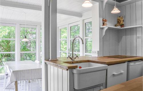 cocina con fregadero, mesa y ventanas en Stunning Home In Grsted With 2 Bedrooms And Wifi, en Udsholt Sand