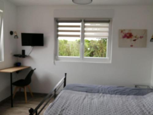 a bedroom with a bed and a desk and a window at Le petit Loir, gîte sur la Loire à vélo 