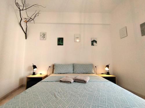 1 dormitorio con 1 cama con 2 almohadas en ROOMS in SHARED APARTMENT with HOST, en Alicante