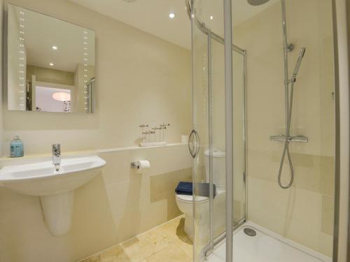 a bathroom with a shower and a sink and a toilet at 13 Burgh Island Causeway in Bigbury on Sea