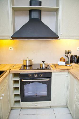 a kitchen with a stove with two pots on it at Aroura Homes 4BR Beachfront Villa in Spetses