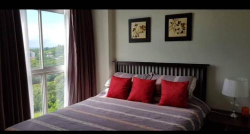 長灘島的住宿－JOH & BONG CONDO UNIT RENTAL-BORACAY OCEANWAY RESIDENCES，一间卧室配有一张带红色枕头的床和一扇窗户
