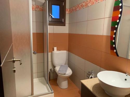 a bathroom with a toilet and a sink and a shower at Studio at beautiful beach Kouremenos in Anevató