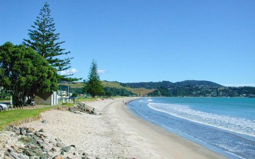 a beach with people on the sand and the water at Aquila Haven in Whitianga
