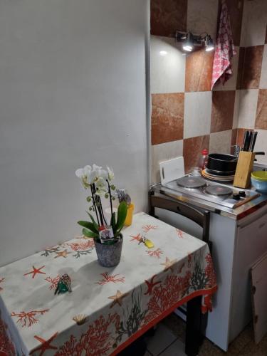 a kitchen with a table with a vase of flowers on it at AUTEUIL PASSY in Paris