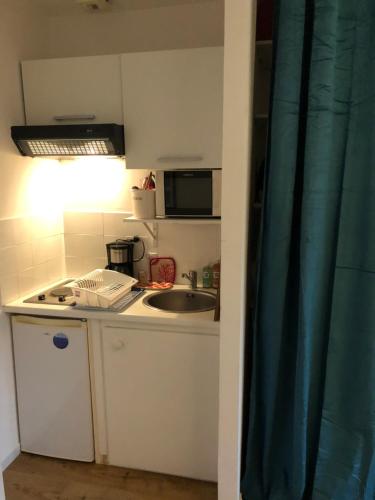 een kleine keuken met een wastafel en een magnetron bij Le studio d'Eva in Honfleur