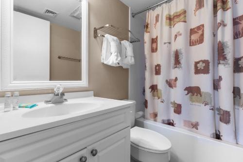 a bathroom with a sink and a shower curtain at Deer Ridge Mountain Resort B204 in Gatlinburg