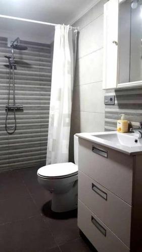 a bathroom with a toilet and a shower and a sink at Casa Aguacate in Taramay