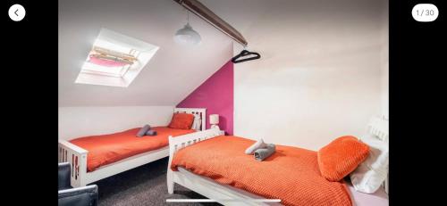two beds in a small room with orange sheets at Eurovilla in Belfast