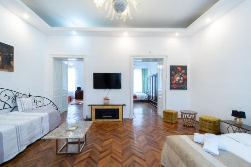 a living room with a couch and a tv at 5* noble house in historic center in Cluj-Napoca