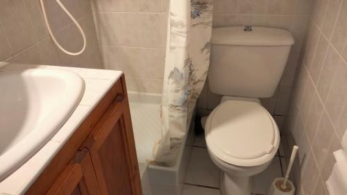a bathroom with a white toilet and a sink at Mireille in Castellane