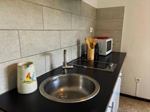 un comptoir de cuisine avec un évier et un micro-ondes dans l'établissement Studio au cœur d'Aix avec balcon et parking, à Aix-en-Provence