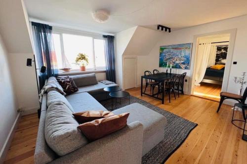 Stege Torv Family Apartment في شتايغ: غرفة معيشة مع أريكة وطاولة