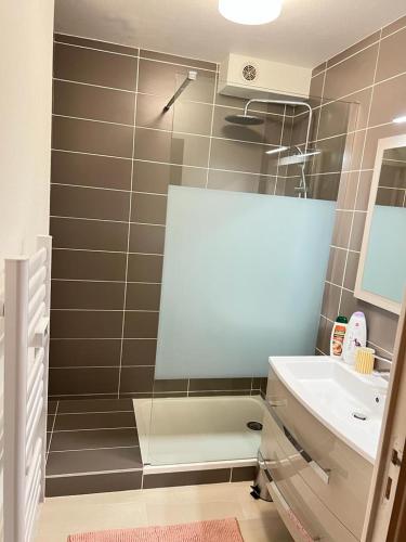 un bagno con vasca, lavandino e doccia di EGLANTINE 14 APPARTEMENT CENTRE HISTORIQUE DE DINAN a Dinan