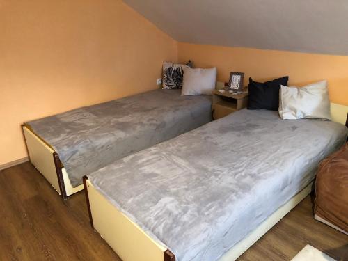 two beds sitting next to each other in a room at Viola Vendégház Mezőkövesd in Mezőkövesd