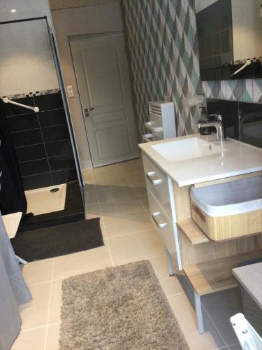une salle de bain avec un lavabo et une douche dans l'établissement Fontanies en Aubrac, à Laguiole