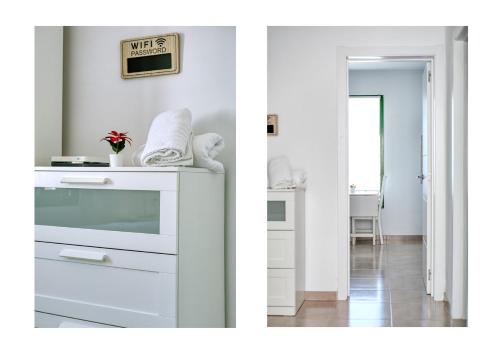 two pictures of a kitchen with a white oven at Suite princesa teguise vista al mar in Puerto del Carmen