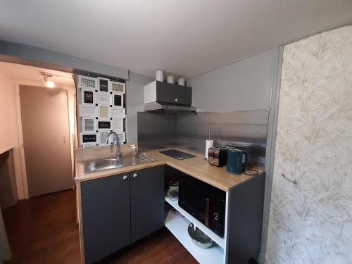 a small kitchen with a sink and a counter at Dans moulin au bord de l'eau, Appartement chaleureux in Saint-Pryvé-Saint-Mesmin