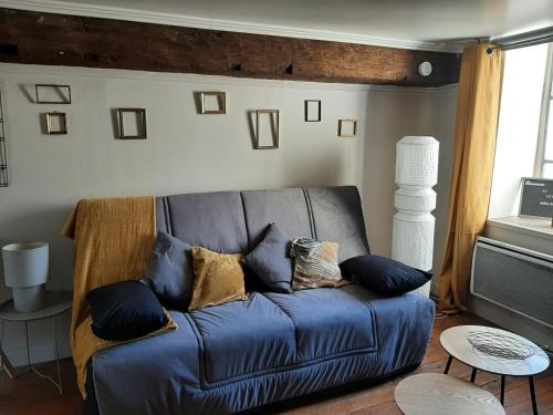 a living room with a blue couch with pillows at Dans moulin au bord de l'eau, Appartement chaleureux in Saint-Pryvé-Saint-Mesmin