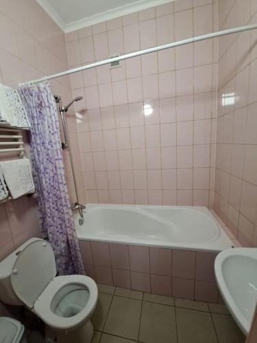 a bathroom with a tub and a toilet and a sink at Zatyshok in Chernivtsi