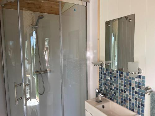 a bathroom with a shower and a sink and a mirror at Cosy Shepherd Huts near Newborough Forest Anglesey in Gaerwen