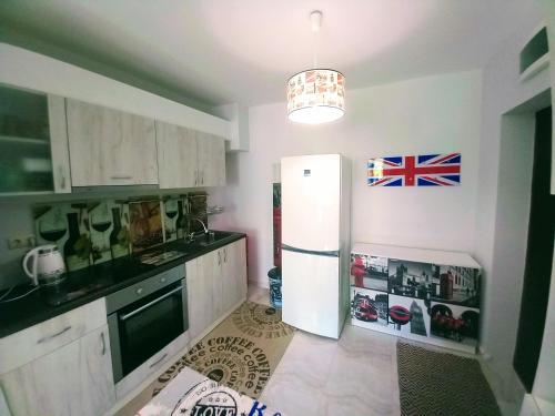 スヴェティ・ヴラスにあるLuxury Apartments Arturの白い冷蔵庫付きのキッチン、壁に旗が飾られています。