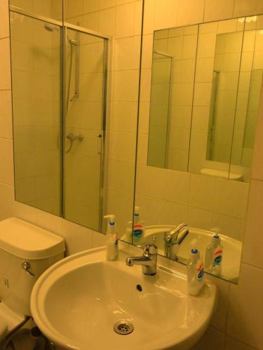 a bathroom with a sink and a toilet and a mirror at City View Hotel in London