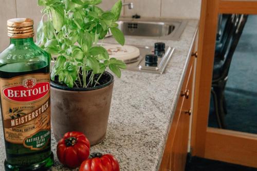 eine Flasche Bier neben einer Topfpflanze und Tomaten in der Unterkunft Appartementhaus Achmannhof in Bad Füssing