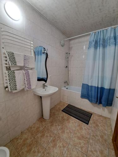a bathroom with a sink and a shower and a toilet at Zatyshok in Chernivtsi