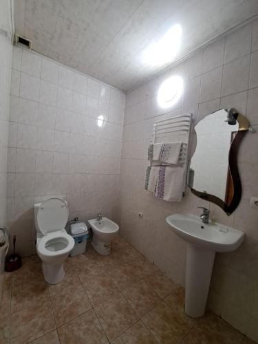 a bathroom with a toilet and a sink and a mirror at Zatyshok in Chernivtsi