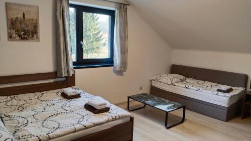 sypialnia z 2 łóżkami i oknem w obiekcie PENZION U BRÁZDŮ w mieście Ivančice