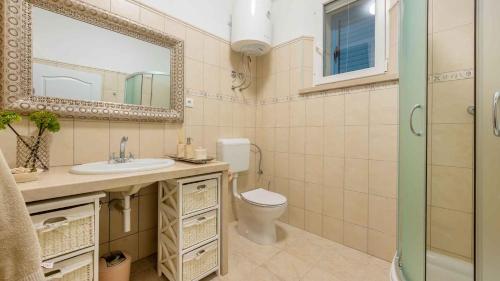 Un baño con inodoro, lavabo y espejo. en A gorgeous villa on a private property on the island Brač, en Pučišća