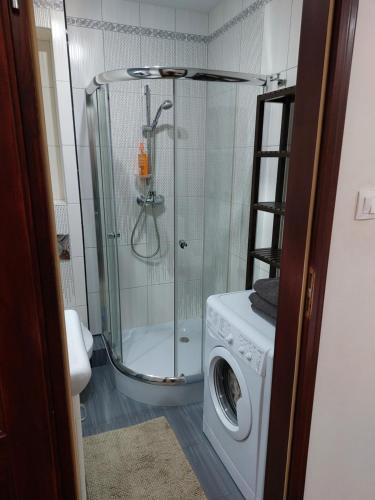 ウェバにあるApartament w centrum Łebyのバスルーム(シャワー付)の洗濯機が備わります。