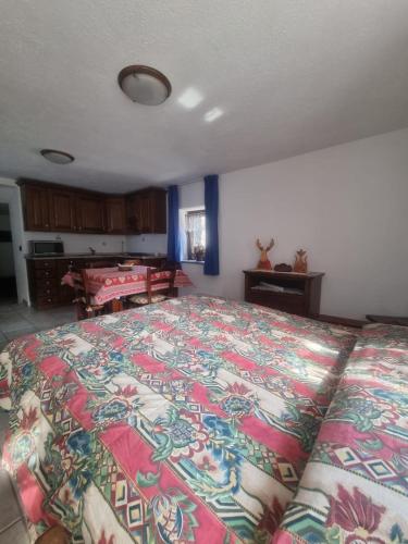 a bedroom with a large bed with a colorful bedspread at L'Atelier du Temps - Clementine Appartements in Cogne