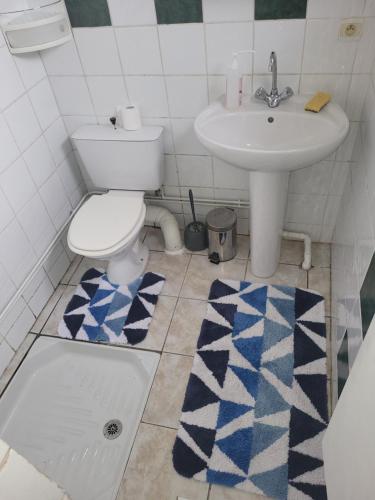 a bathroom with a toilet and a sink at le bungalow au fond du jardin in Valeille