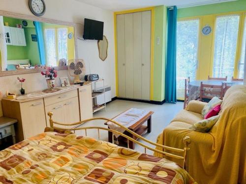 un salon avec un lit, un canapé et une table dans l'établissement Studio Confortable - 3 Pers - Ascenseur - Parking - Wifi - Centre Ville Amélie-les-Bains - FR-1-703-38, à Amélie-les-Bains-Palalda