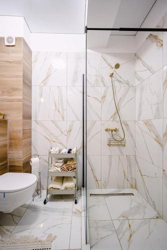 a bathroom with a shower and a toilet at Seaside Blues Apartment Located in 5 Star Resort in Năvodari