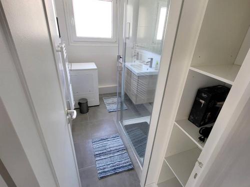 La petite salle de bains est pourvue d'une douche et d'un lavabo. dans l'établissement T3 climatisé avec Wi-Fi et parking privé - À 200 m de la plage - FR-1-316-316, à Six-Fours-les-Plages