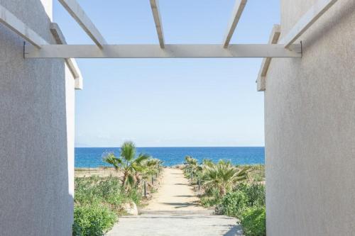 vista sulla spiaggia da un edificio con palme di VILLA T3 bord de mer - vue mer à 500 m de la plage- piscine chauffée A CASETTA DI A SPIAGGIA a Cervione