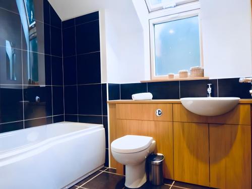 a bathroom with a toilet and a sink and a bath tub at Carn Mhor Lodge in Aviemore