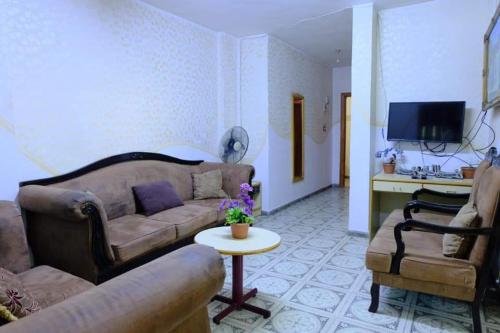 札爾卡的住宿－Al Seoudi Furnished Units，客厅配有沙发和桌子