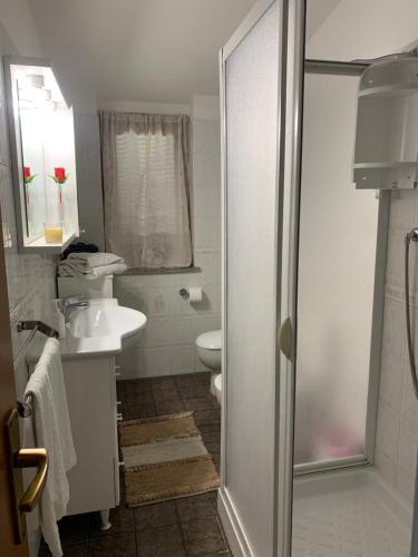 ein Bad mit einer Dusche, einem Waschbecken und einem WC in der Unterkunft A 300 passi dal mare in Tropea